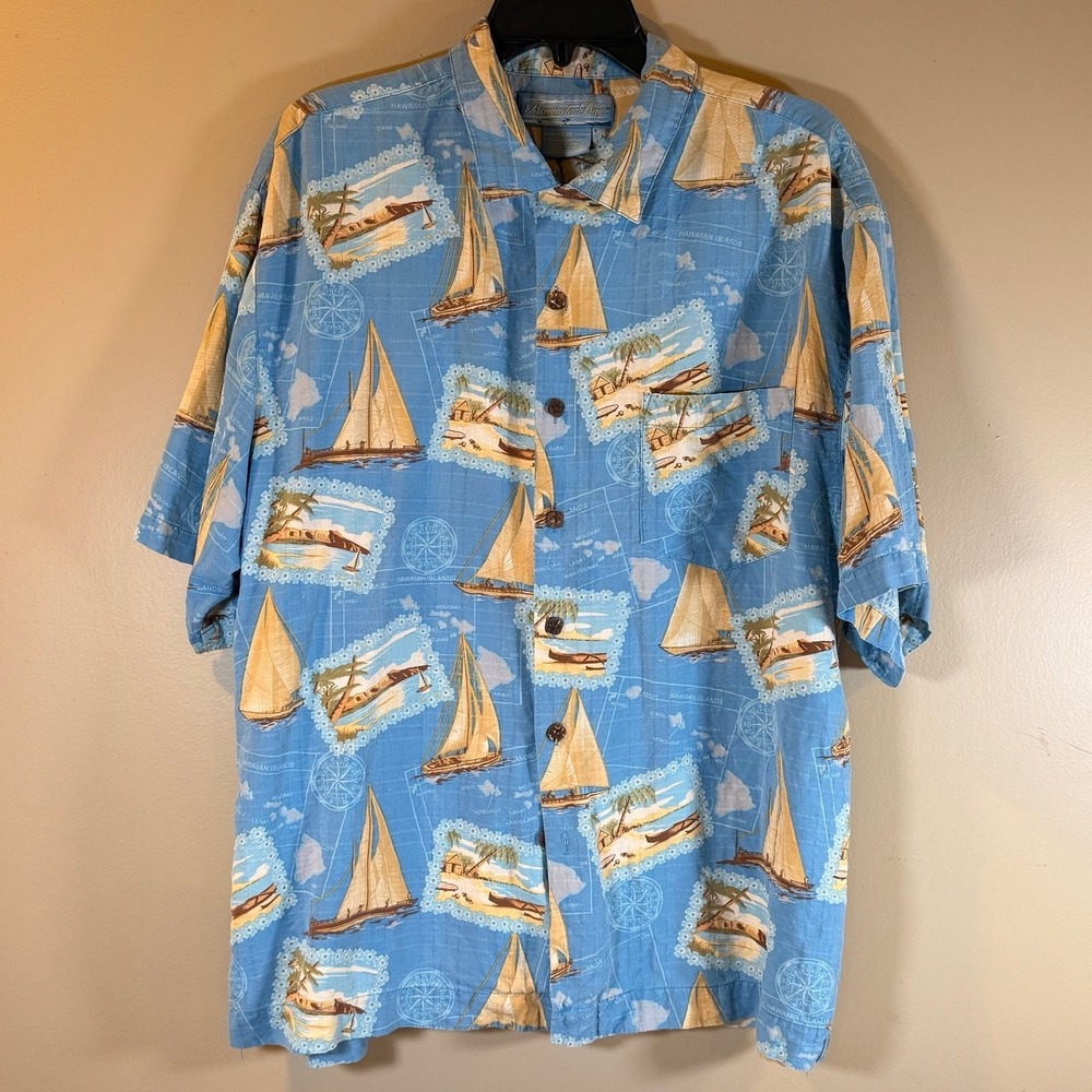 Bermuda Bay Hawaiian Shirt Short Sleeve‎ Size L 100% Silk Nautical Coastal Blue